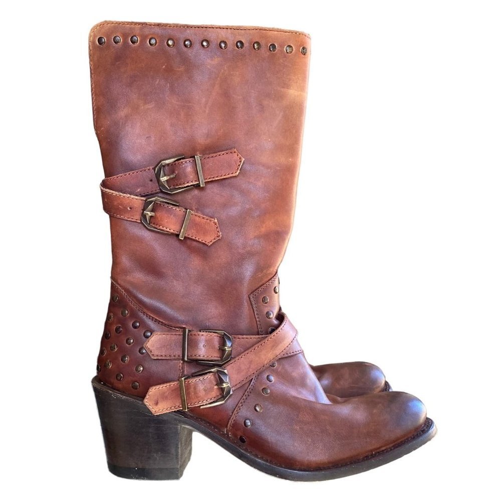 Corral Brown Leather Belted Studded Mid Calf Heeled Boots